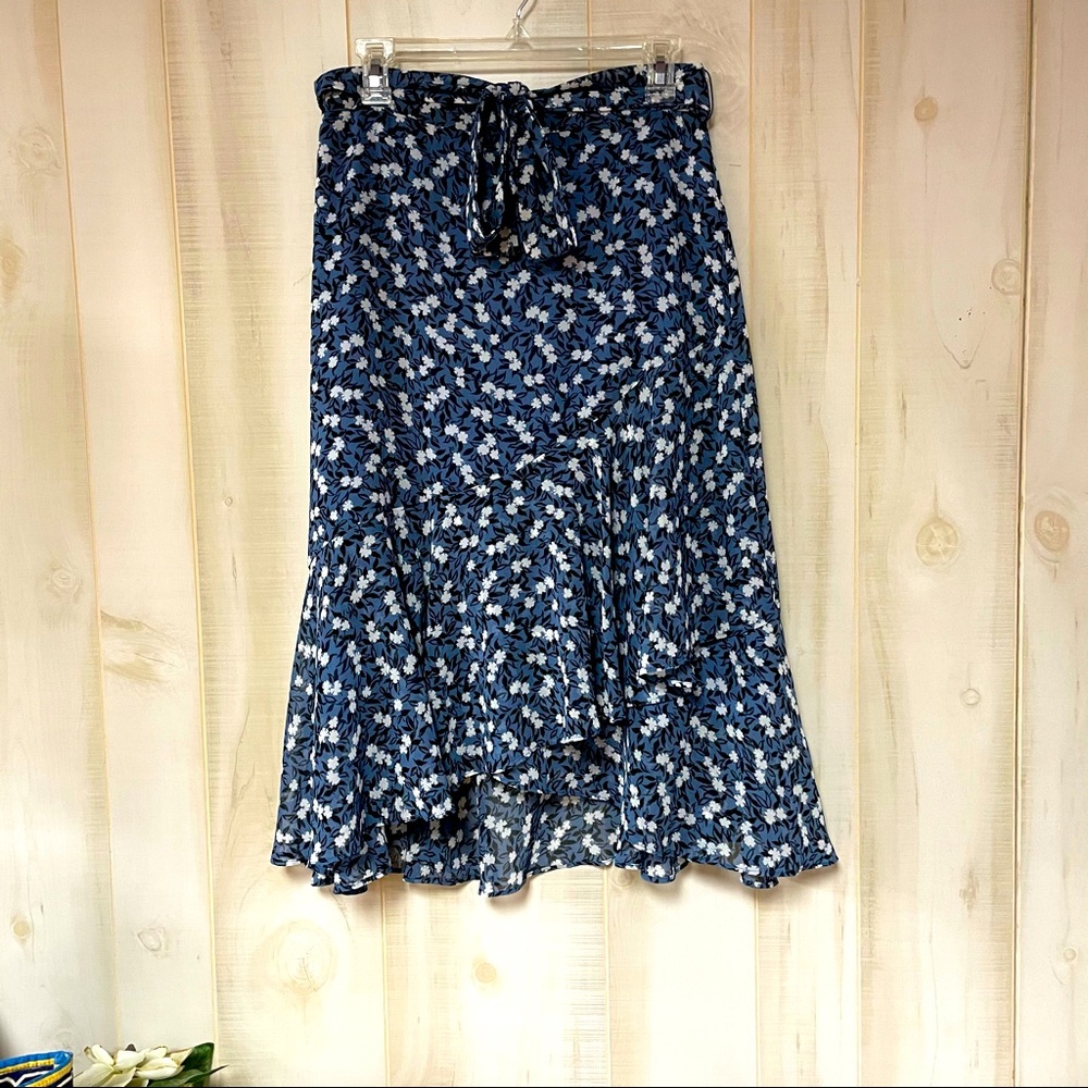 Ann Taylor Floral Asymmetrical Ruffle Midi Skirt